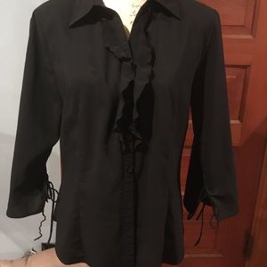 Black blouse w/ruffle down middle and tie sleeves